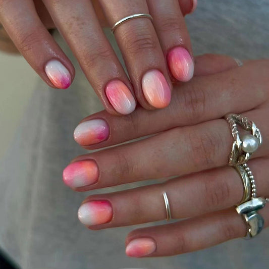 Short Orange-Pink Gradient Round Fake Nails