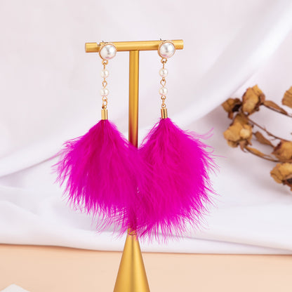 Feather fringed imitation pearl earrings