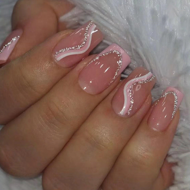 Pink and White Striped Square Fake Nails