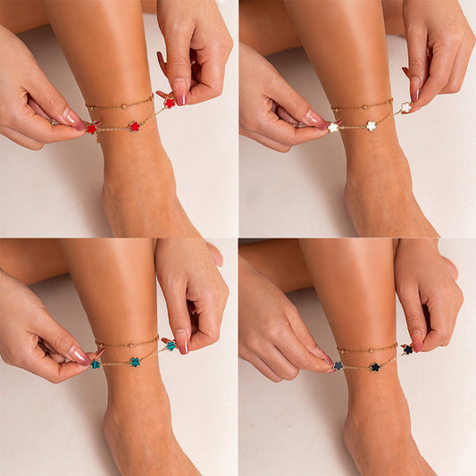 Double lucky five-petaled clover anklet