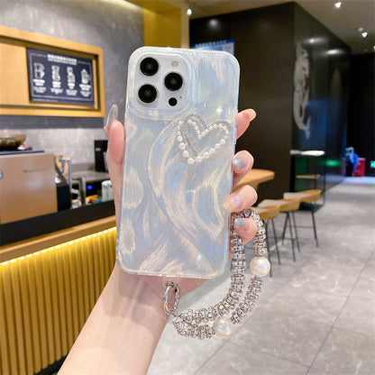 Funda de plumas plateadas para iPhone 16 Pro 13 12 con diamantes y corazón de perla y láser 