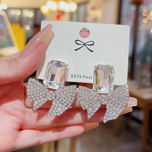 Full Diamond Bow Square Crystal Earrings