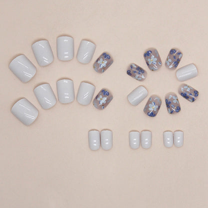 Short Blue Vintage Floral Square Fake Nails