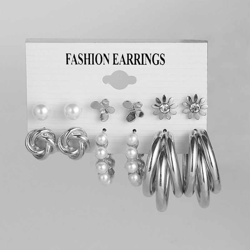 Black C-shaped stud earrings set of 6 pairs