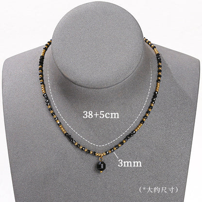 Cut Natural Black Spinel Necklace Stainless Steel Beads