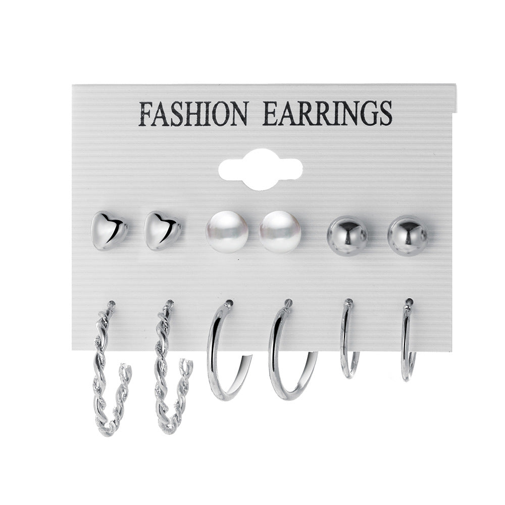 Heart Pearl Geometric Earrings 6-Piece Set