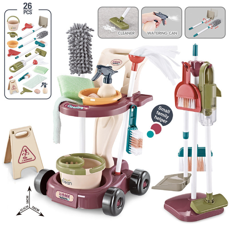 Children's Pretend Play Cleaning Tools Cart with Vacuum Cleaner, Broom, Mop Set for Housekeeping Toy