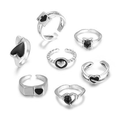 Black love oil drop ring set 7 pieces