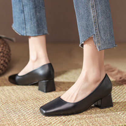 Spring square head shallow thick heel shoes