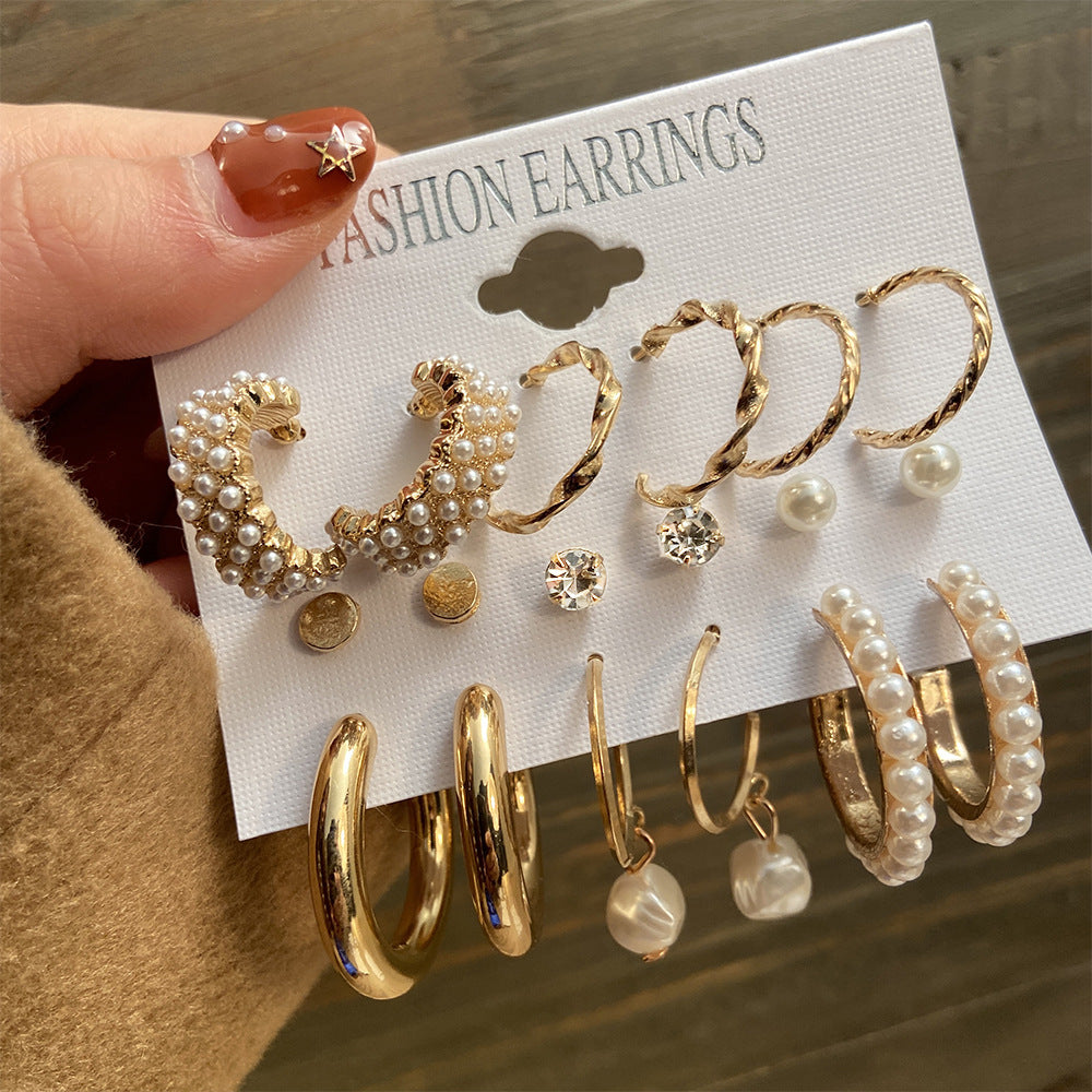 New Retro Pearl Women's Earrings 9-piece Set