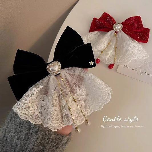 Sweet Lace Red Bow Barrette Rhinestone Hairpin