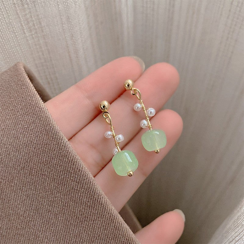 Jade bead pearl stud earrings pastoral earrings