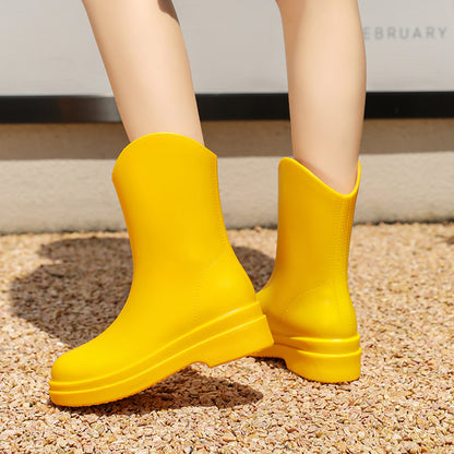 Rain shoes women wear medium tube water shoes with cotton lint