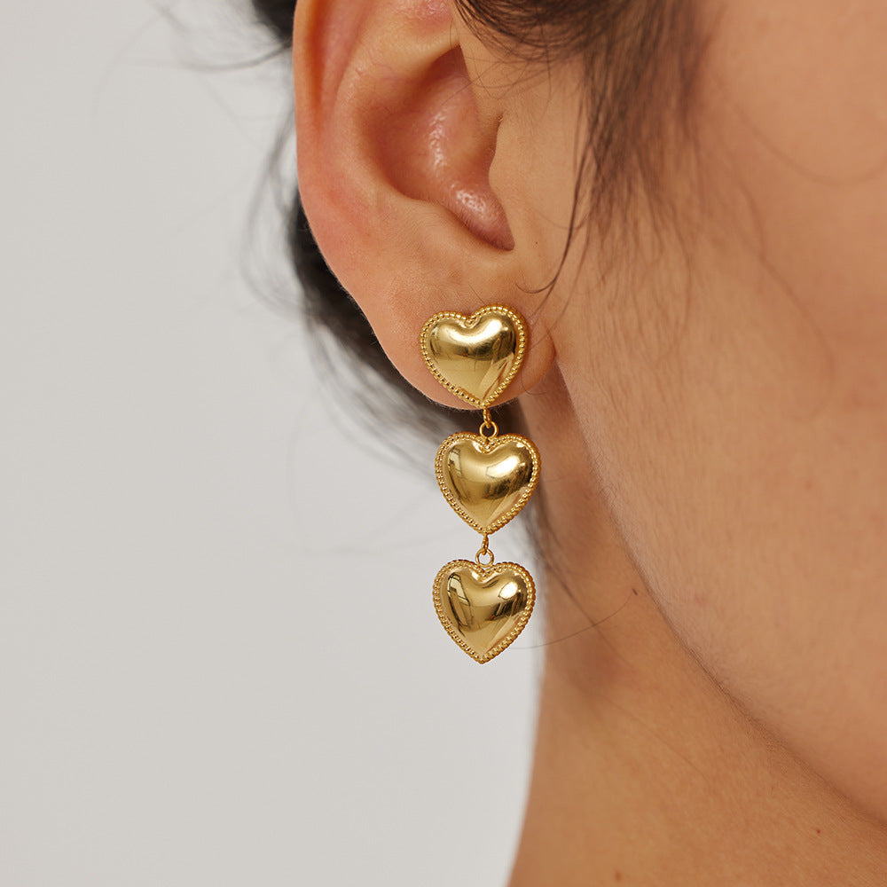 Three-layer heart tassel earrings