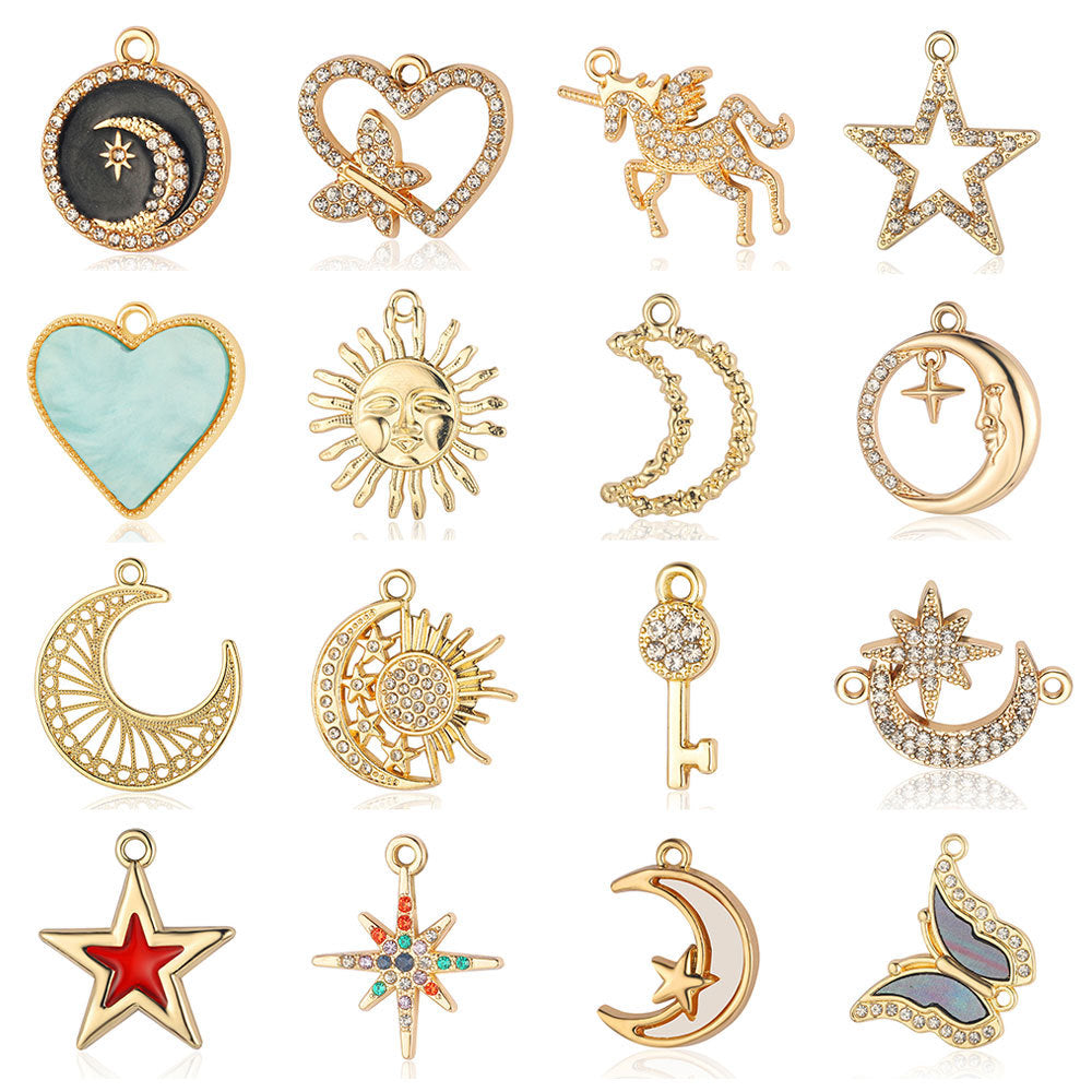 5 pcs/pack, sun smiley face, crescent moon star alloy pendant.