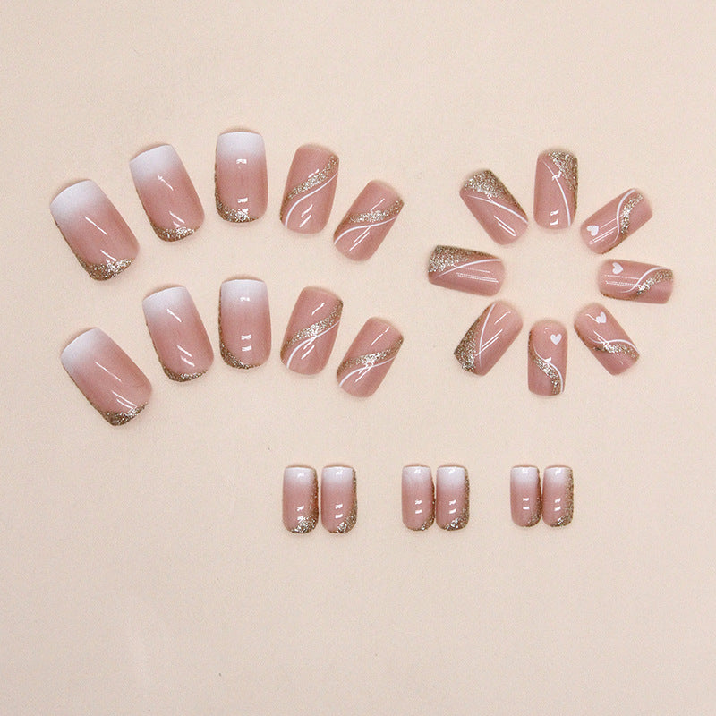 Medium-Length Gradient Glitter Heart Fake Nails