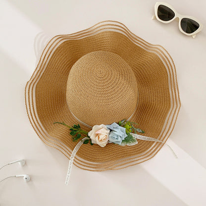 Wavy-Edge Floral Straw Hat Women Summer Beach Sun Protection