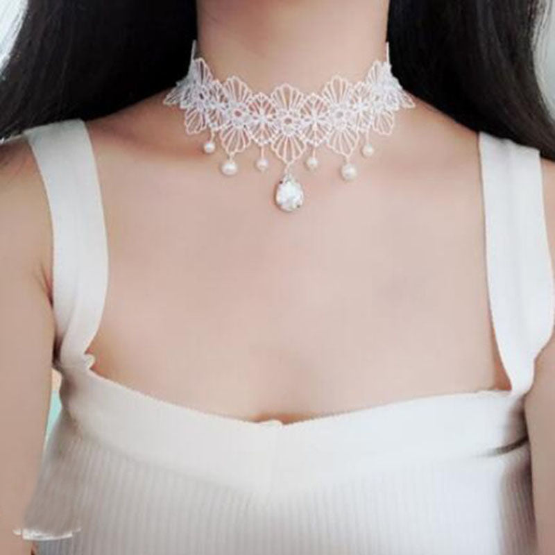 Multi-layer crystal lace necklace choker clavicle chain