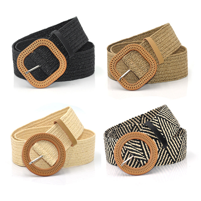 Woven belt Wood-colored square buckle belt