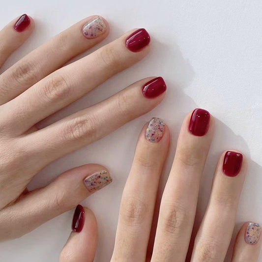 Vintage Burgundy Glitter Short Square Fake Nails