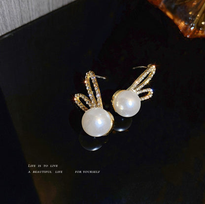 Pearl Diamond Rabbit Ear Stud Earrings