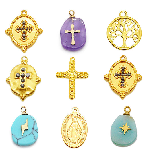 3 pcs/titanium-clad steel Tree of Life pendant Virgin Mary Cross