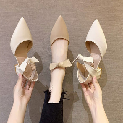 Thick Heel Pointed Bow Shoes