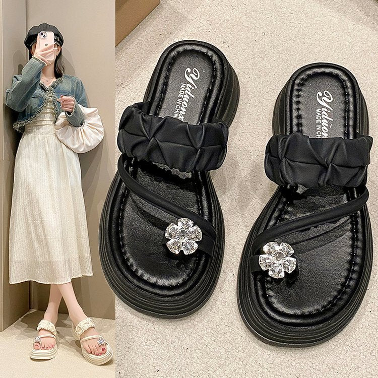 Rhinestone toe thick bottom slope slippers