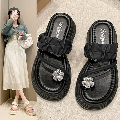 Rhinestone toe thick bottom slope slippers