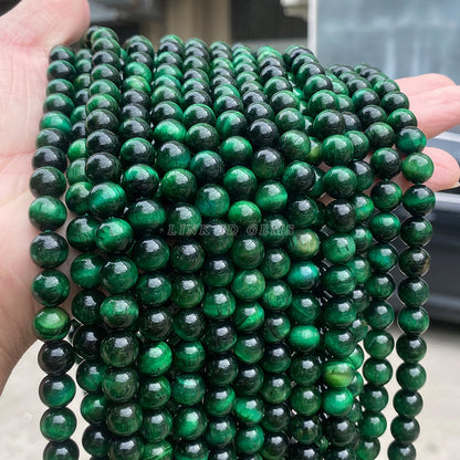 Pulsera de cuentas redondas sueltas de piedra de ojo de tigre verde de calidad A. 