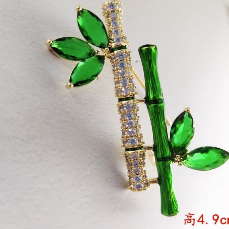 Green Crystal Ping An Bamboo Brooch