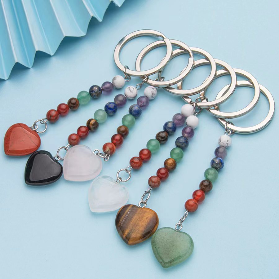 Colorful natural crystal love pendant stainless steel keychain pendant