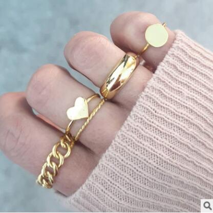 Geometric heart gold joint ring set 5 pieces