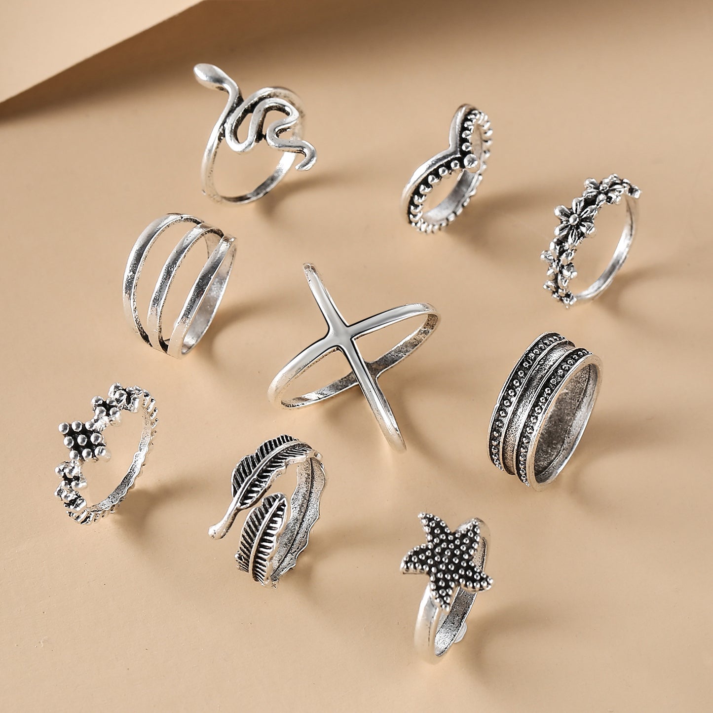 Simple Feather Star Ring Set