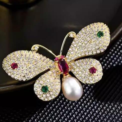 Colored Sparkling Diamond Pearl Butterfly Brooch