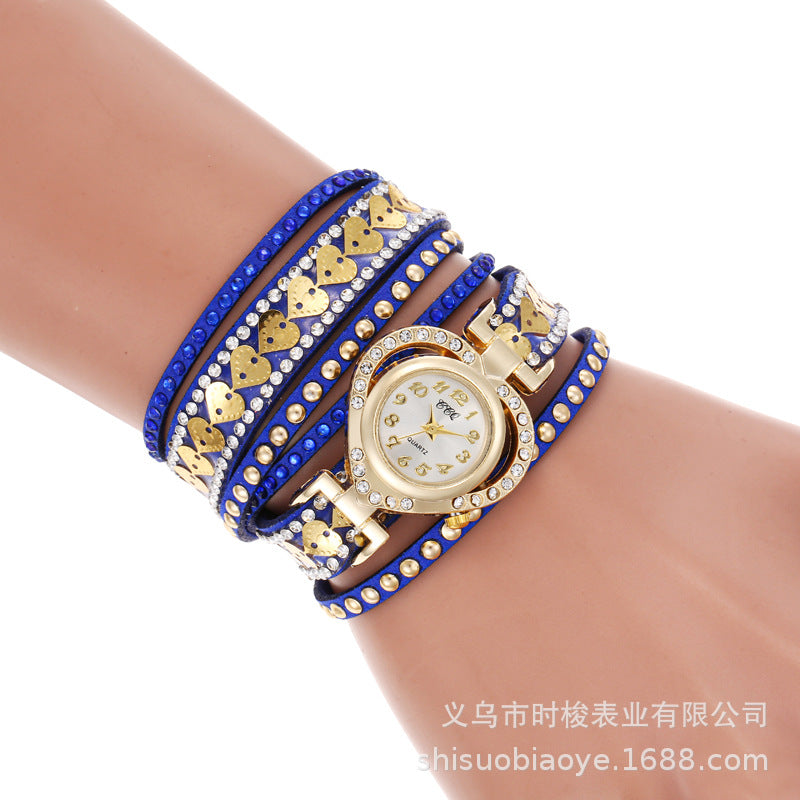 Wrap-Around Diamond-Embedded Bracelet Watch Heart Dial