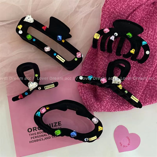 Korean New Colorful Heart Rhinestone Black Velvet Hair Clip