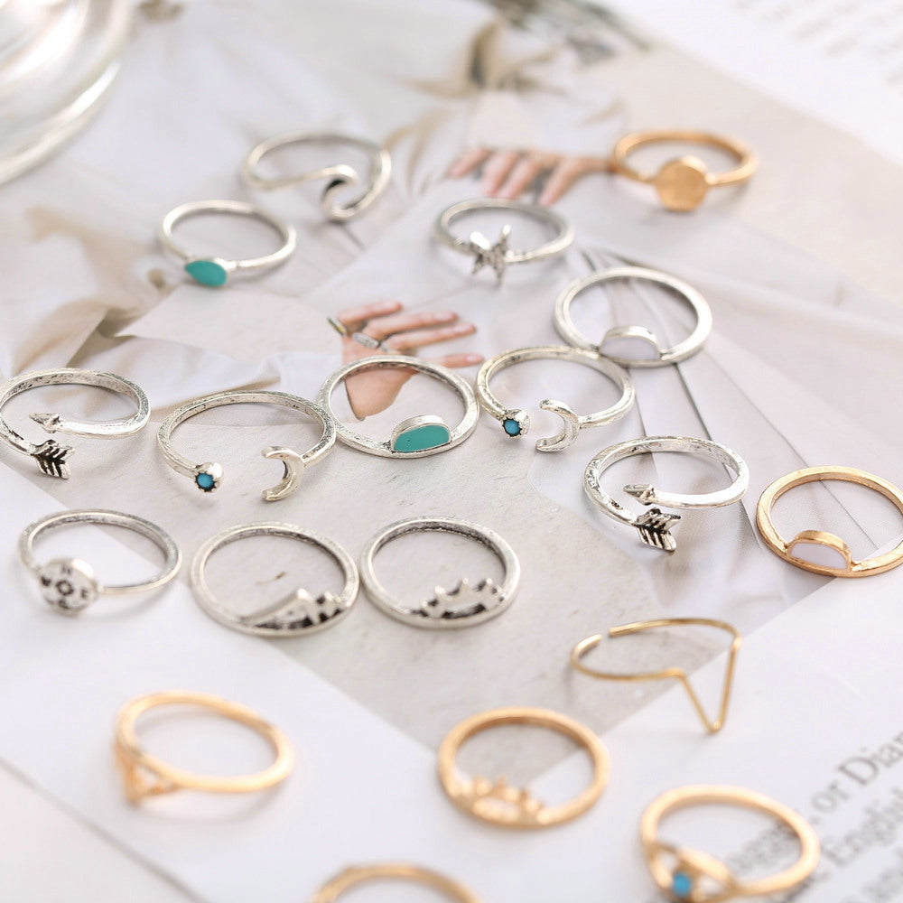 Arrow sun compass moon eye ring 19 piece set rings