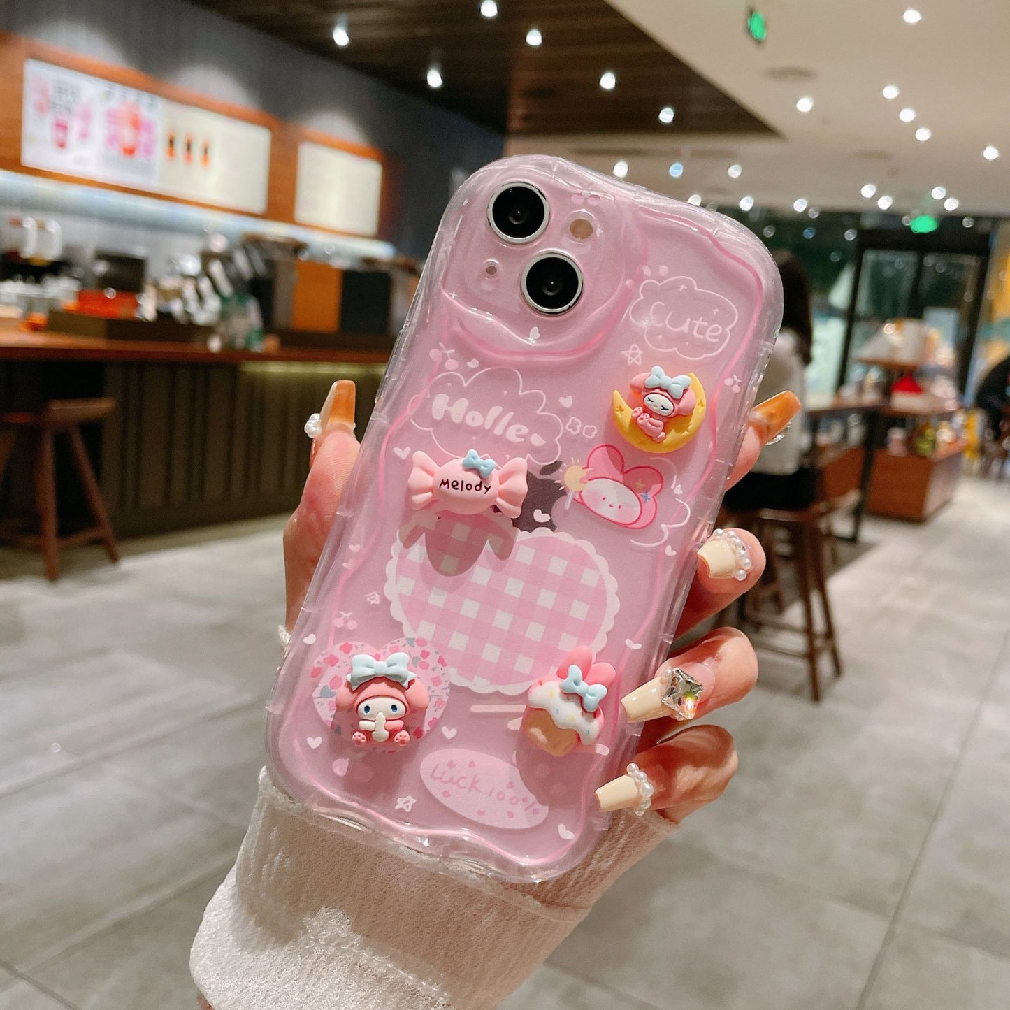 3D Wavy Doll Case iPhone15 Pro 13 Melody Bell Pendant Cover