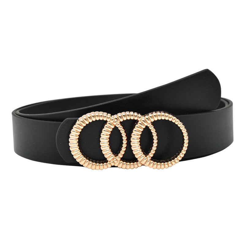 Three-ring buckle black PU belt for women