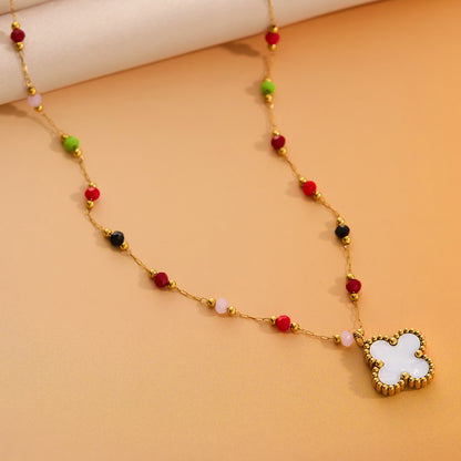 Colored natural stone four-leaf clover necklace