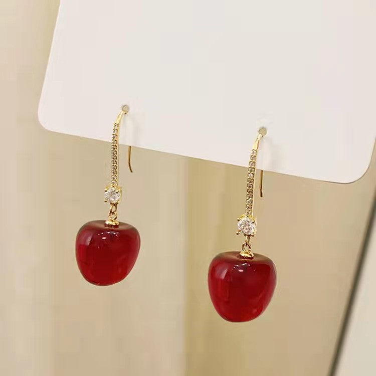 Red Cherry Silver Needle Cherry Earrings