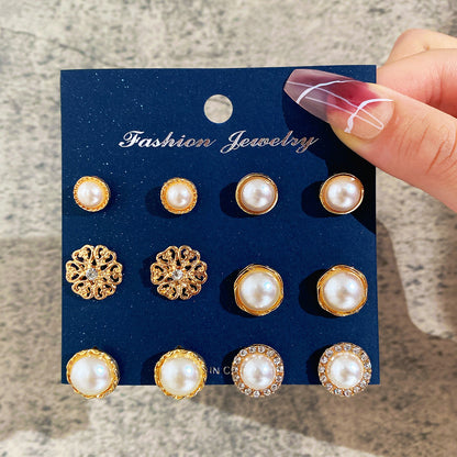 Set of 6 Flower Imitation Pearl Earrings