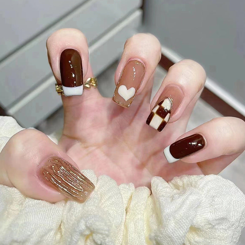 Chocolate Checkered Heart Nails