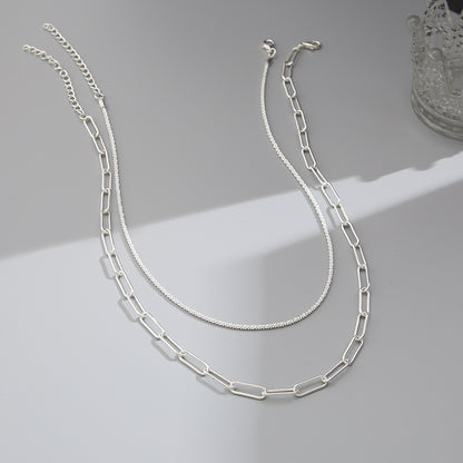 Silver stacked double clavicle chain necklace