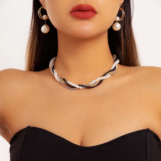 Metal multi-layer pearl snake bone necklace