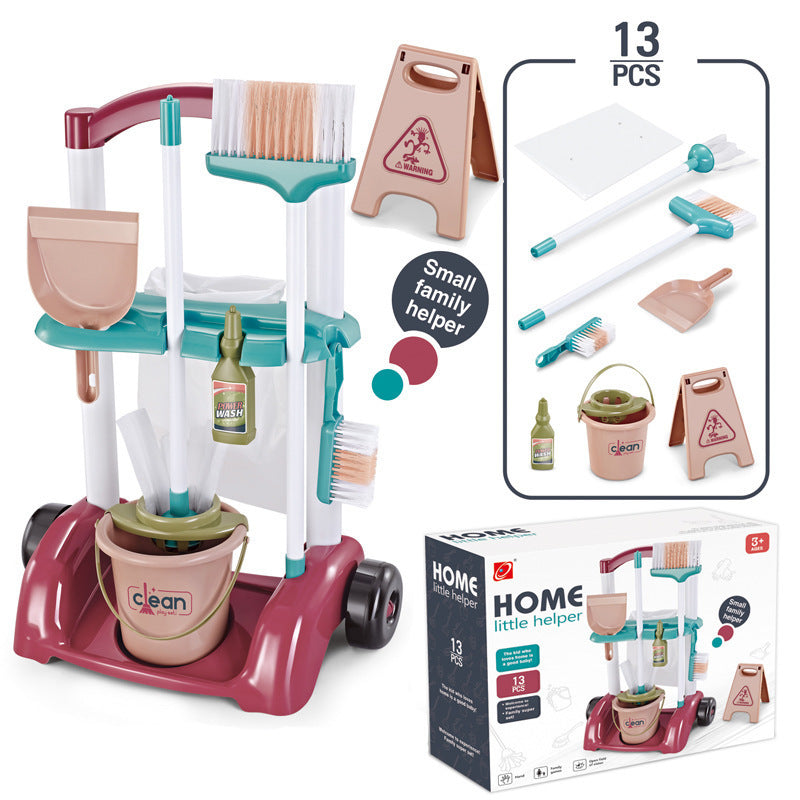 Children's Pretend Play Cleaning Tools Cart with Vacuum Cleaner, Broom, Mop Set for Housekeeping Toy