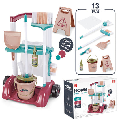 Children's Pretend Play Cleaning Tools Cart with Vacuum Cleaner, Broom, Mop Set for Housekeeping Toy