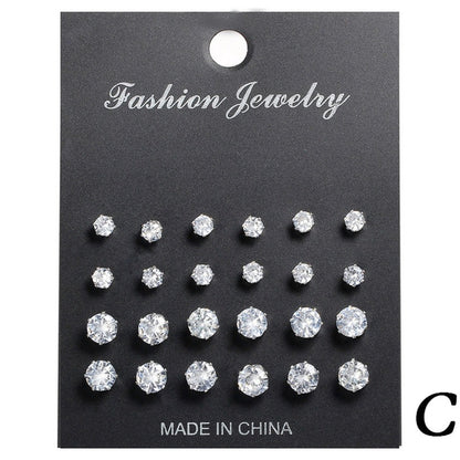 Set of 5 pairs of four-claw rhinestone earrings