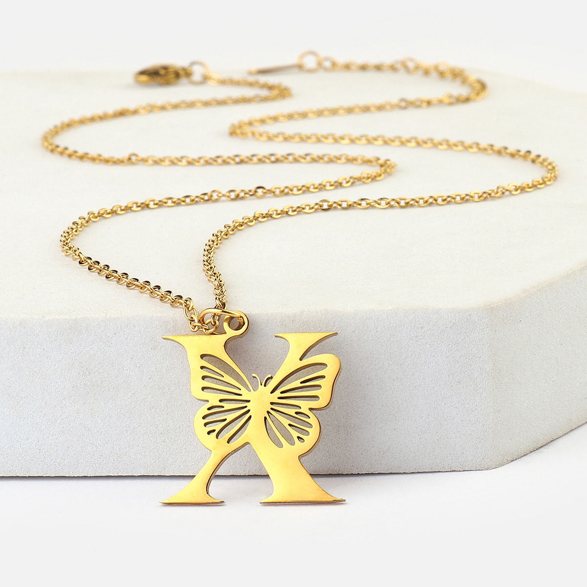 26 letter butterfly titanium steel hollow necklace